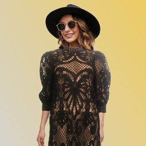 N By NANCY Intricate Open Lace Puff Sleeves Scalloped Hemline Black Dress Sz S